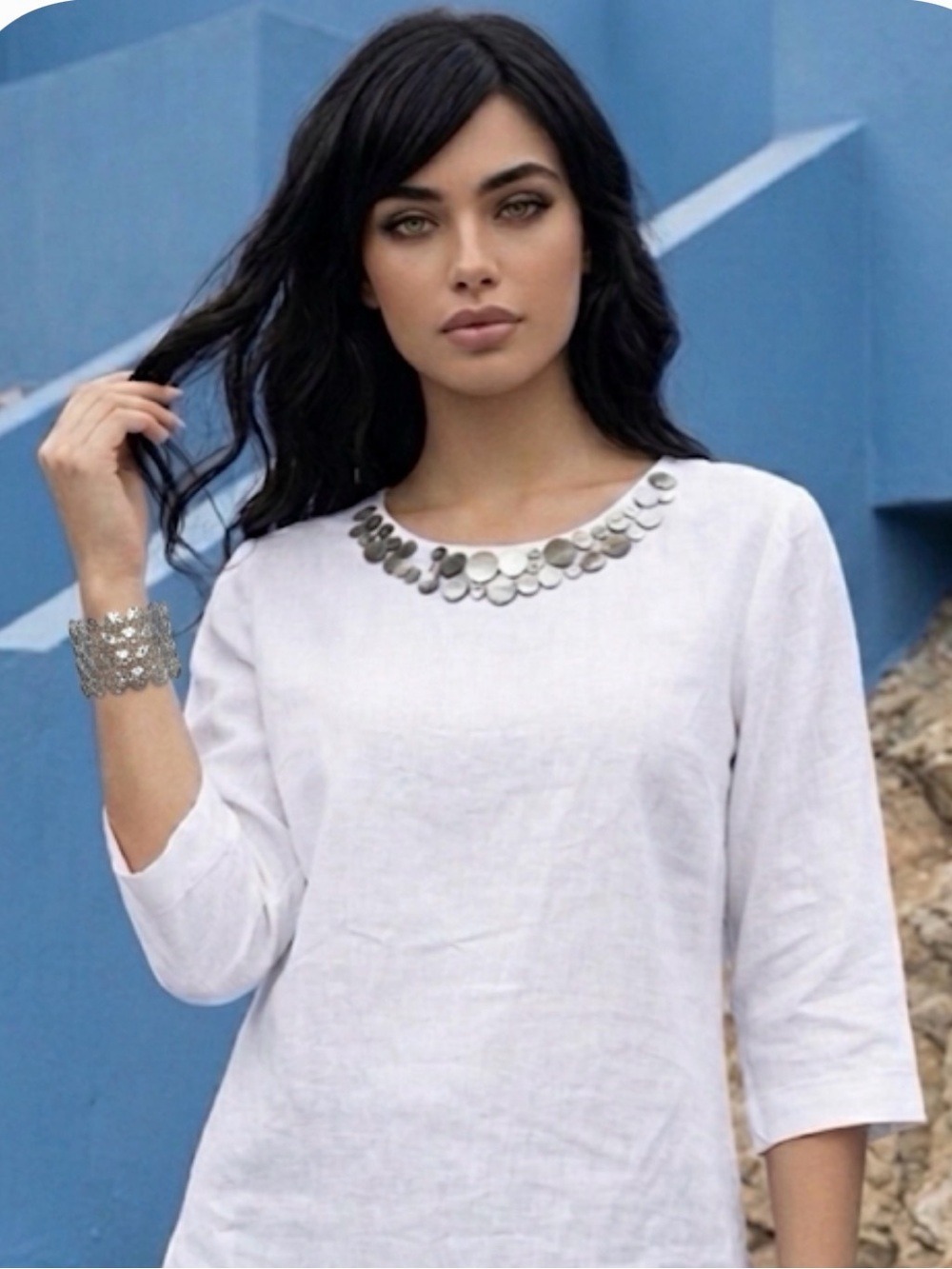 Roni Rabl Designer White Linen Blouse with Silver Accents - Size L